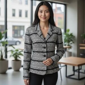 NINA MCLEMORE Silk Blazer Jacket Black Cream Silver Buttons Elegant Size 6